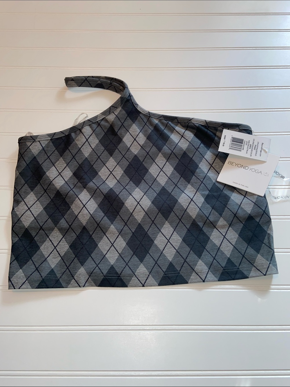 Beyond Yoga Softmark Refocus Cropped 1 Shoulder Tank Top Gray Argyle Womans L